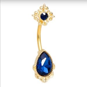 Blue Gem Gold Tone Noble Drop Double Mount Belly Ring